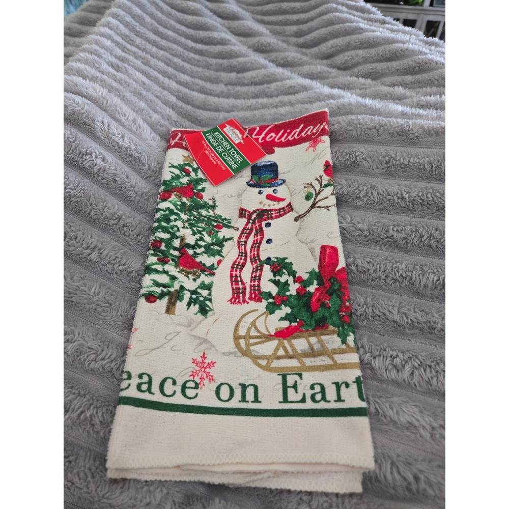Christmas House Snowman Kitchen Towel Peace on Earth Holiday Decor 15x25 NEW